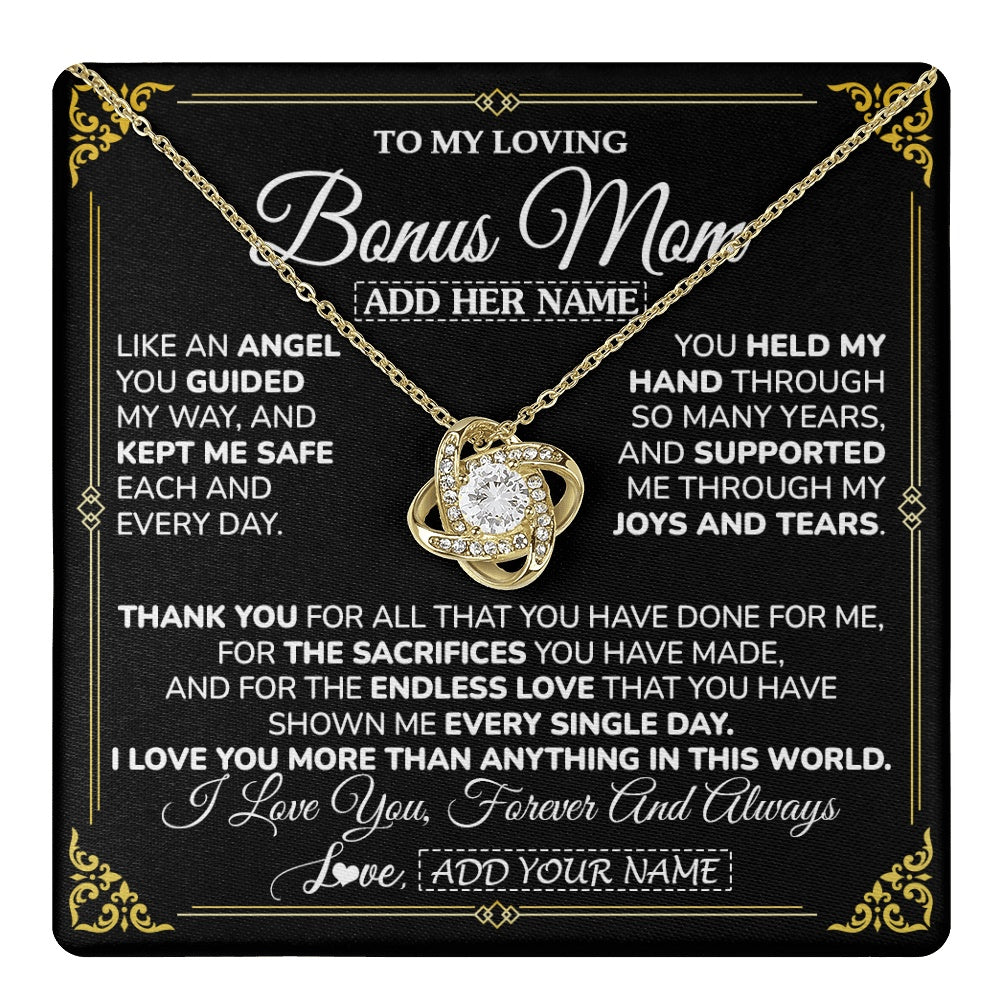 Love Knot Necklace 18K Yellow Gold Finish | 1 | Personalized To My Bonus Mom Necklace Gifts Meaningful Gift To Stepmom From Stepdaughter Without You There Is No Me Mothers Day Birthday Gift Box Message Card | https://teecentury.