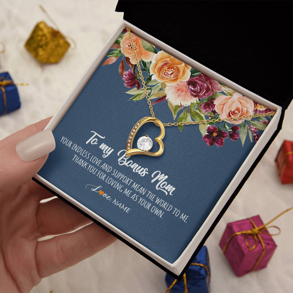 Forever Love Necklace 18K Yellow Gold Finish | Personalized To My Bonus Mom Necklace Your Endless Love and Support Stepmother Stepmom Jewelry Birthday Mothers Day Christmas Customized Gift Box Message Card | teecentury