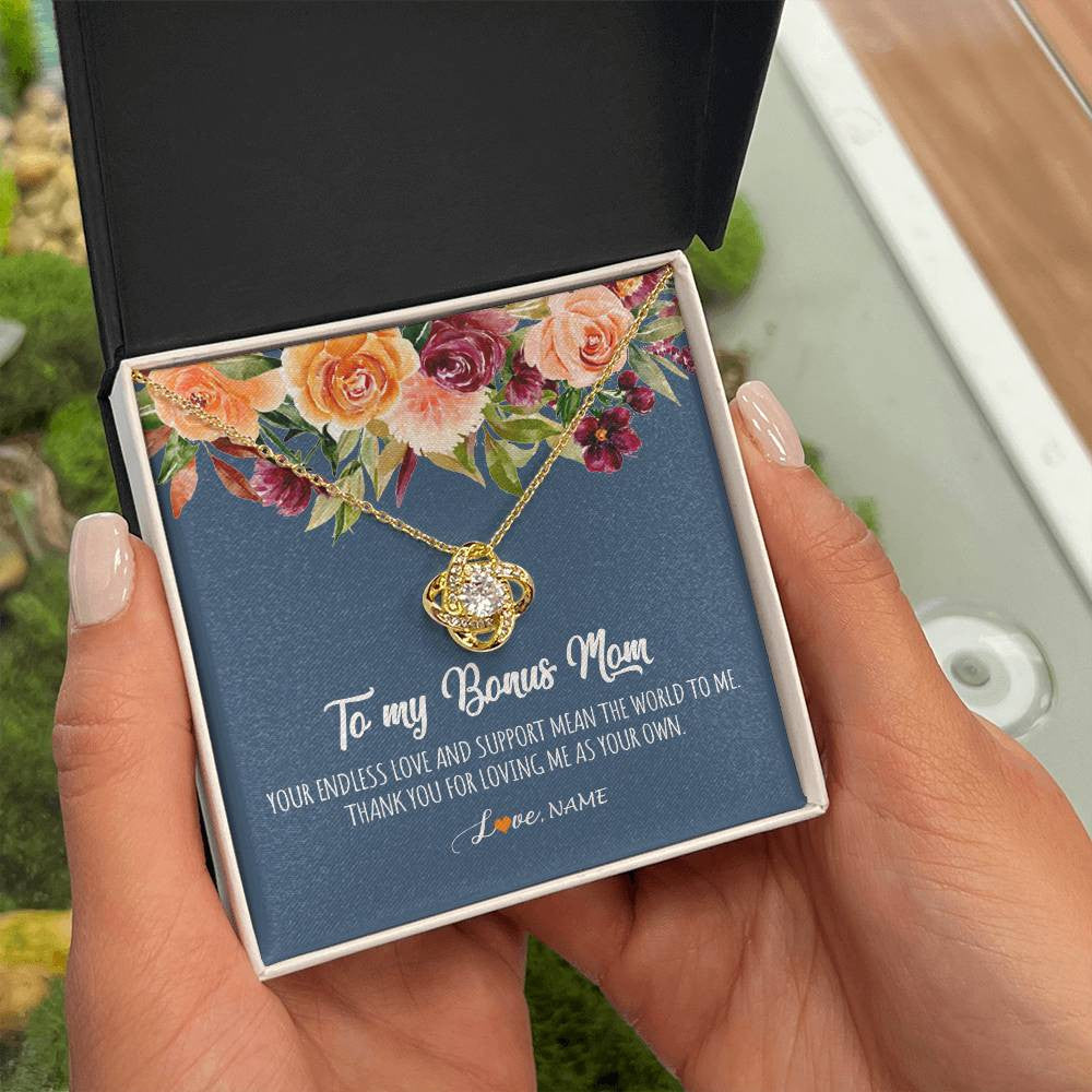 Love Knot Necklace 18K Yellow Gold Finish | Personalized To My Bonus Mom Necklace Your Endless Love and Support Stepmother Stepmom Jewelry Birthday Mothers Day Christmas Customized Gift Box Message Card | teecentury