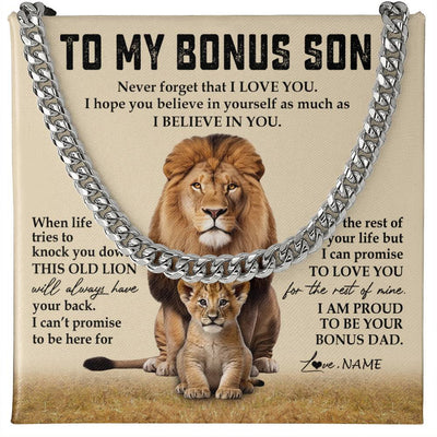 Cuban Link Chain Necklace Stainless Steel | 1 | Personalized To My Bonus Son Cuban Necklace From Step Father Never Forget That I Love You Lion Stepson Birthday Graduation Christmas Customized Message Card | teecentury