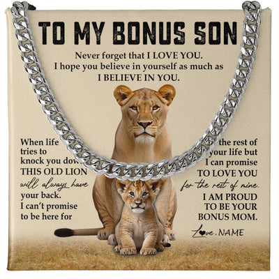 Cuban Link Chain Necklace Stainless Steel | 1 | Personalized To My Bonus Son Cuban Necklace From Step Mother Never Forget That I Love You Lion Stepson Birthday Graduation Christmas Customized Message Card | teecentury
