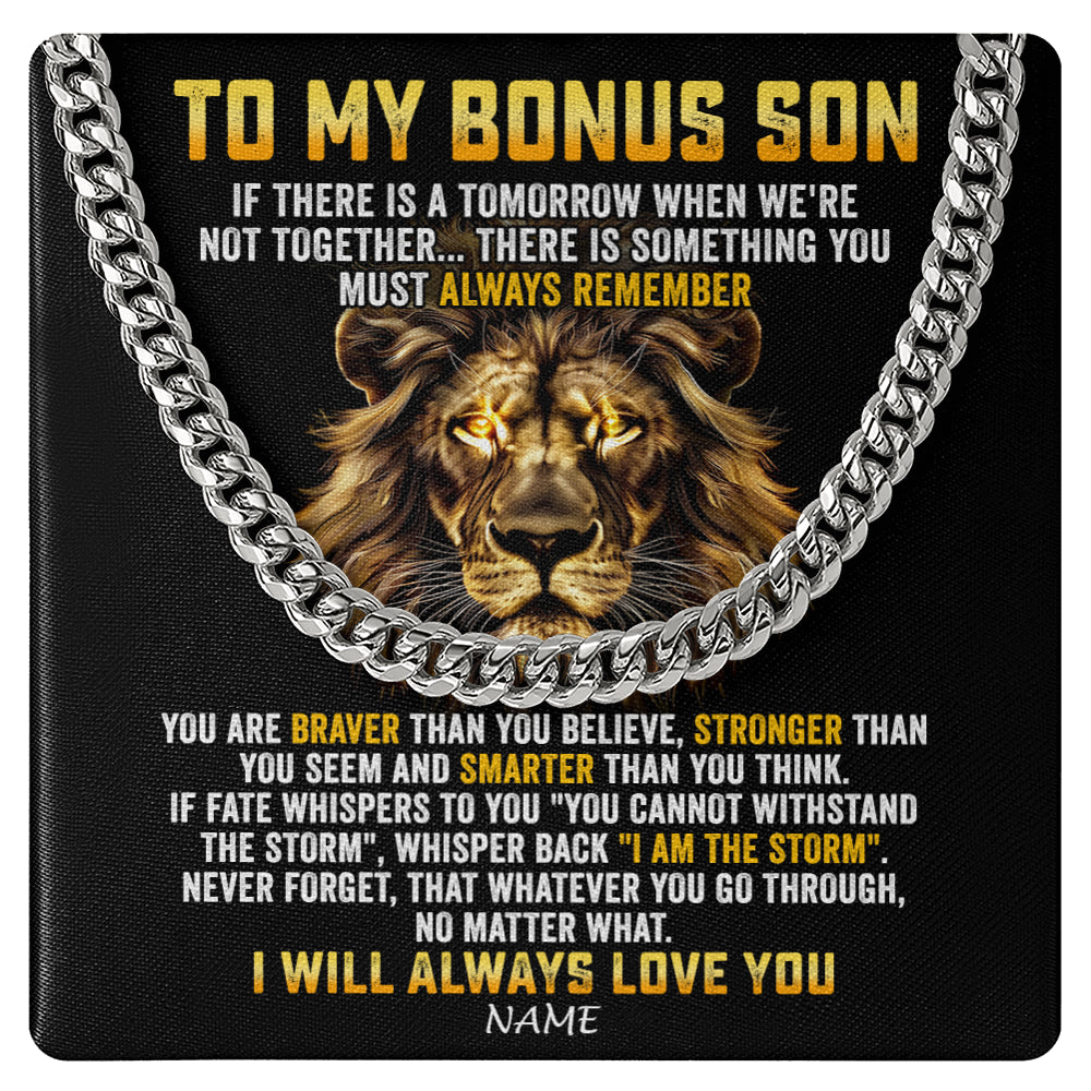 Cuban Link Chain Necklace Stainless Steel | 1 | Personalized To My Bonus Son Cuban Necklace From Stepmom Stepdad I Will Always Love You Lion Stepson Birthday Christmas Customized Gift Box Message Card | teecentury