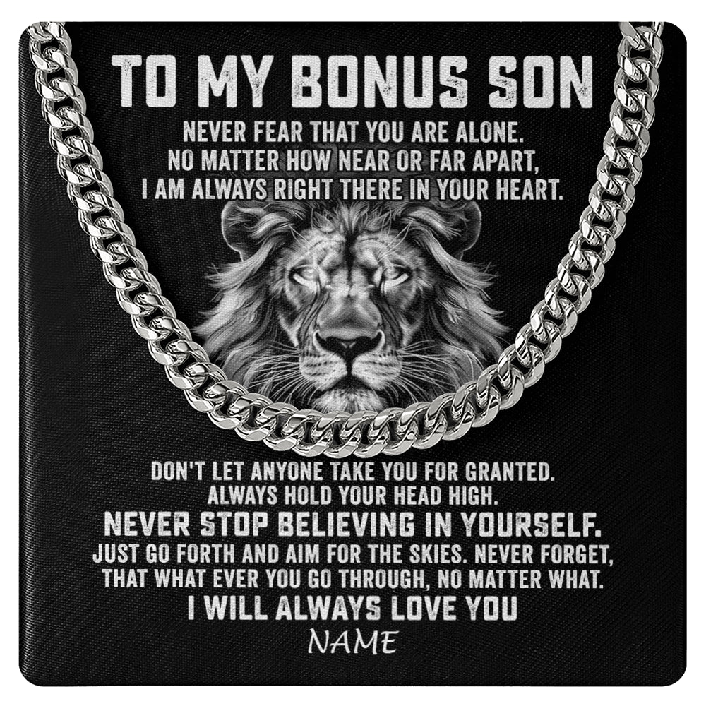 Cuban Link Chain Necklace Stainless Steel | 1 | Personalized To My Bonus Son Cuban Necklace From Stepmom Stepdad Never Fear That You Are Alone Lion Stepson Birthday Christmas Customized Gift Box Message Card | teecentury
