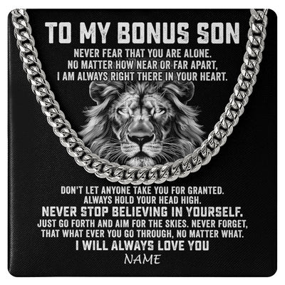 Cuban Link Chain Necklace Stainless Steel | 1 | Personalized To My Bonus Son Cuban Necklace From Stepmom Stepdad Never Fear That You Are Alone Lion Stepson Birthday Christmas Customized Gift Box Message Card | teecentury
