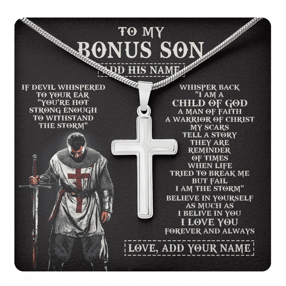 Stainless Cross Necklace Stainless Steel | 1 | Personalized To My Bonus Son From Stepdad Stepmom Necklace I Am The Storm Knight Templar Birthday Gifts For Stepson Christmas Custom Gift Box Message Card | https://teecentury.