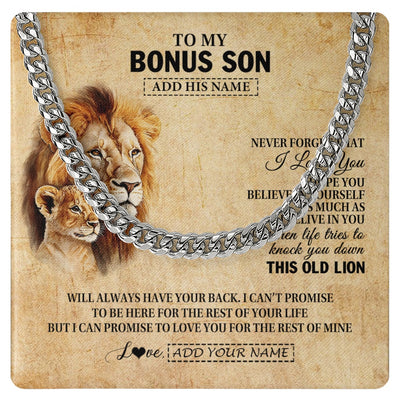 Cuban Link Chain Necklace Stainless Steel | 1 | Personalized To My Bonus Son Gifts From Stepdad Lion Necklace I Love You Stepson Birthday Gifts Graduation Christmas Customized Gift Box Message Card | teecentury.myshopify