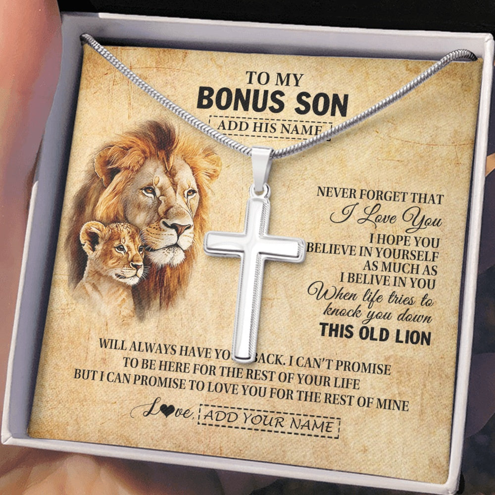 Stainless Cross Necklace Stainless Steel | 2 | Personalized To My Bonus Son Gifts From Stepdad Lion Necklace I Love You Stepson Birthday Gifts Graduation Christmas Customized Gift Box Message Card | teecentury.myshopify