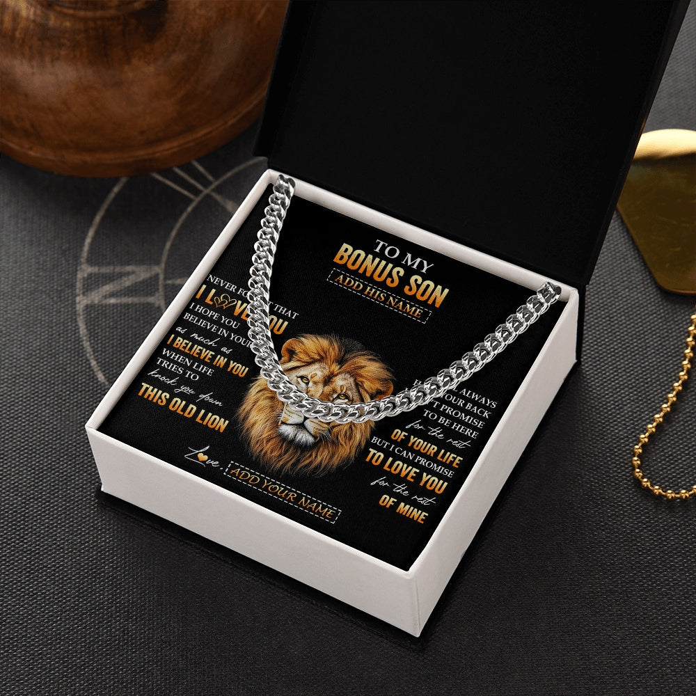 Cuban Link Chain Necklace Stainless Steel | 2 | Personalized To My Bonus Son Gifts From Stepdad Necklace Old Lion Love You Stepson Birthday Gifts Graduation Christmas Customized Gift Box Message Card | teecentury.myshopify