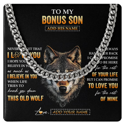 Cuban Link Chain Necklace Stainless Steel | 1 | Personalized To My Bonus Son Gifts From Stepdad Stepmom Necklace Old Wolf Love You Stepson Birthday Gifts Graduation Christmas Custom Gift Box Message Card | teecentury