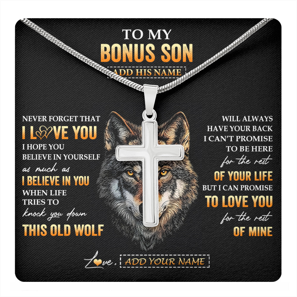 Stainless Cross Necklace Stainless Steel | 1 | Personalized To My Bonus Son Gifts From Stepdad Stepmom Necklace Old Wolf Love You Stepson Birthday Gifts Graduation Christmas Custom Gift Box Message Card | teecentury