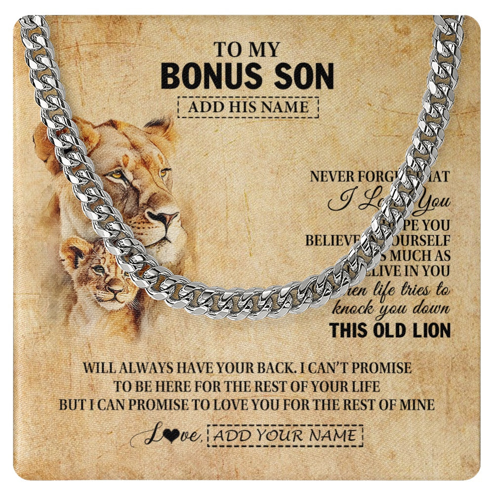 Cuban Link Chain Necklace Stainless Steel | 1 | Personalized To My Bonus Son Gifts From Stepmom Lion Necklace I Love You Stepson Birthday Gifts Graduation Christmas Customized Gift Box Message Card | teecentury.myshopify