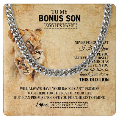 Cuban Link Chain Necklace Stainless Steel | 1 | Personalized To My Bonus Son Gifts From Stepmom Lion Necklace I Love You Stepson Birthday Gifts Graduation Christmas Customized Gift Box Message Card | teecentury.myshopify