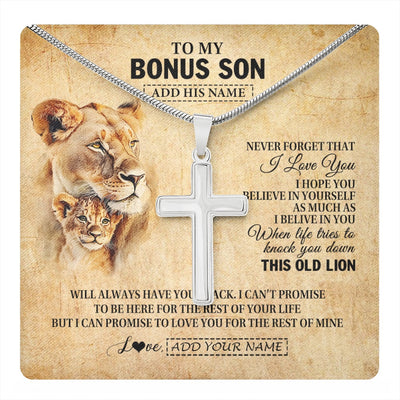 Stainless Cross Necklace Stainless Steel | 1 | Personalized To My Bonus Son Gifts From Stepmom Lion Necklace I Love You Stepson Birthday Gifts Graduation Christmas Customized Gift Box Message Card | teecentury.myshopify