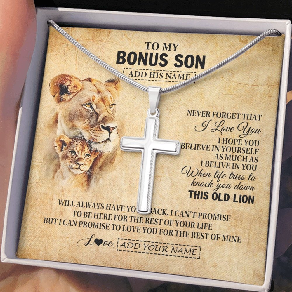 Stainless Cross Necklace Stainless Steel | 2 | Personalized To My Bonus Son Gifts From Stepmom Lion Necklace I Love You Stepson Birthday Gifts Graduation Christmas Customized Gift Box Message Card | teecentury.myshopify