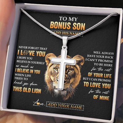 Stainless Cross Necklace Stainless Steel | 2 | Personalized To My Bonus Son Gifts From Stepmom Necklace Old Lion Love You Stepson Birthday Gifts Graduation Christmas Customized Gift Box Message Card | teecentury.myshopify