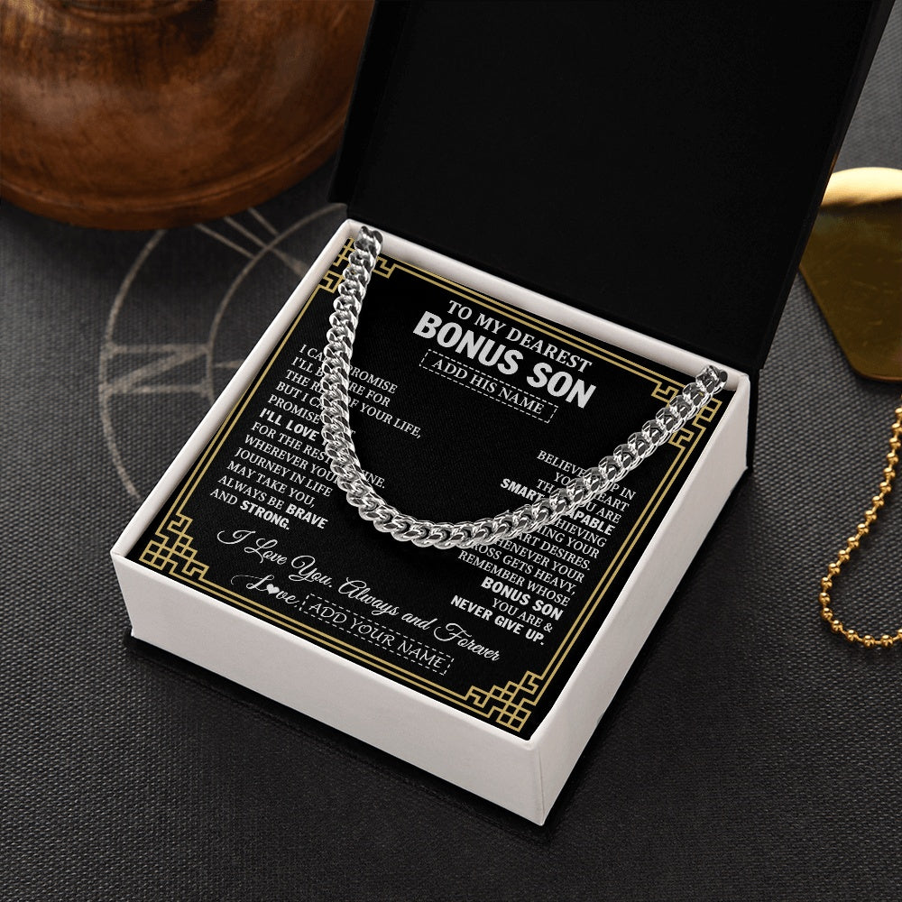 Cuban Link Chain Necklace Stainless Steel | 2 | Personalized To My Bonus Son Gifts From Stepmom Stepdad Cross Necklace Never Give Up Inspirational Gift For Stepson Birthday Christmas Gift Box Message Card | https://teecentury.