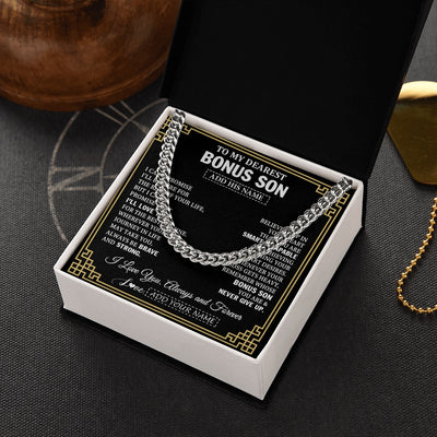 Cuban Link Chain Necklace Stainless Steel | 2 | Personalized To My Bonus Son Gifts From Stepmom Stepdad Cross Necklace Never Give Up Inspirational Gift For Stepson Birthday Christmas Gift Box Message Card | https://teecentury.