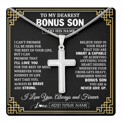 Stainless Cross Necklace Stainless Steel | 1 | Personalized To My Bonus Son Gifts From Stepmom Stepdad Cross Necklace Never Give Up Inspirational Gift For Stepson Birthday Christmas Gift Box Message Card | https://teecentury.