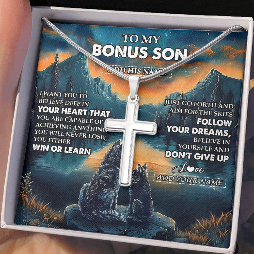 Stainless Cross Necklace Stainless Steel | 2 | Personalized To My Bonus Son Gifts From Stepmother Stepdad Necklace Don't Give Up Wolf Gifts For Stepson Birthday Graduation Christmas Gift Box Message Card | teecentury