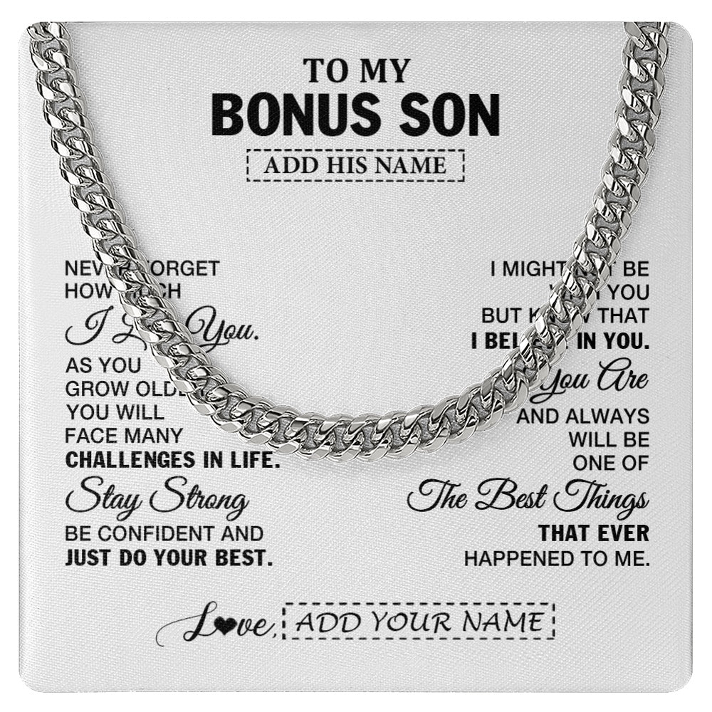 Cuban Link Chain Necklace Stainless Steel | 1 | Personalized To My Bonus Son Gifts From Stepmother Stepdad Necklace I Love You Thoughtful Keepsake Gift For Stepson Birthday Christmas Gift Box Message Card | https://teecentury.