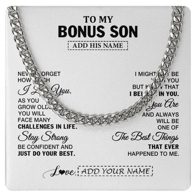 Cuban Link Chain Necklace Stainless Steel | 1 | Personalized To My Bonus Son Gifts From Stepmother Stepdad Necklace I Love You Thoughtful Keepsake Gift For Stepson Birthday Christmas Gift Box Message Card | https://teecentury.