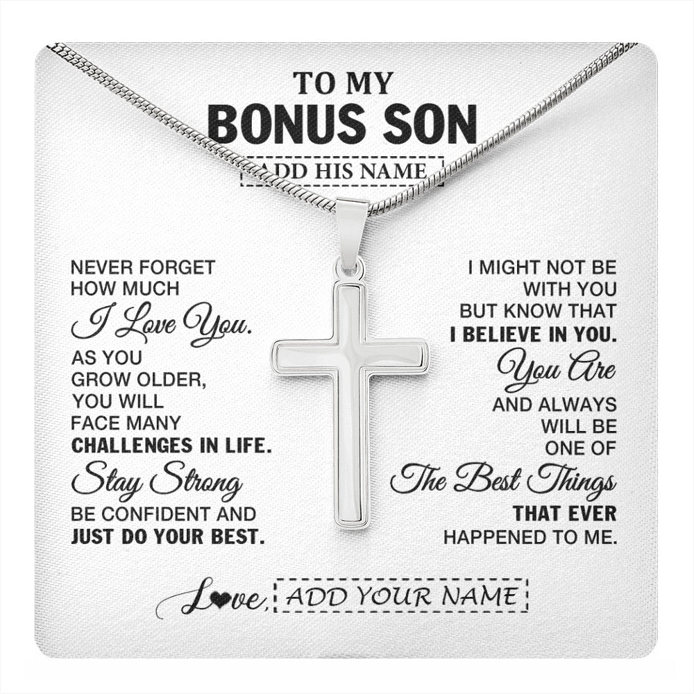 Stainless Cross Necklace Stainless Steel | 1 | Personalized To My Bonus Son Gifts From Stepmother Stepdad Necklace I Love You Thoughtful Keepsake Gift For Stepson Birthday Christmas Gift Box Message Card | https://teecentury.