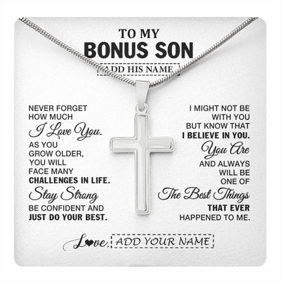 Stainless Cross Necklace Stainless Steel | 1 | Personalized To My Bonus Son Gifts From Stepmother Stepdad Necklace I Love You Thoughtful Keepsake Gift For Stepson Birthday Christmas Gift Box Message Card | https://teecentury.