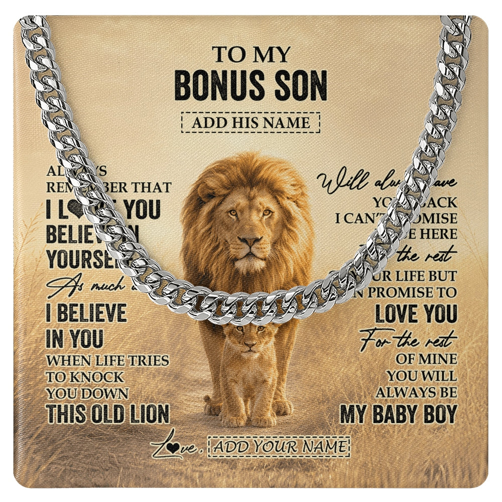 Cuban Link Chain Necklace Stainless Steel | 1 | Personalized To My Bonus Son Gifts Necklace From Stepdad Always Remember Lion Gifts For Stepson Birthday Graduation Christmas Custom Gift Box Message Card | https://teecentury.