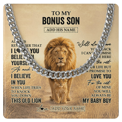 Cuban Link Chain Necklace Stainless Steel | 1 | Personalized To My Bonus Son Gifts Necklace From Stepdad Always Remember Lion Gifts For Stepson Birthday Graduation Christmas Custom Gift Box Message Card | https://teecentury.