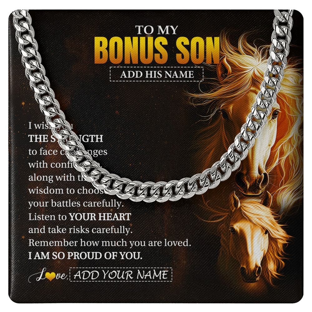 Cuban Link Chain Necklace Stainless Steel | 1 | Personalized To My Bonus Son Gifts Necklace From Stepdad I Wish You The Strength Horse Stepson Birthday Gifts Christmas Graduation Gift Box Message Card | https://teecentury.