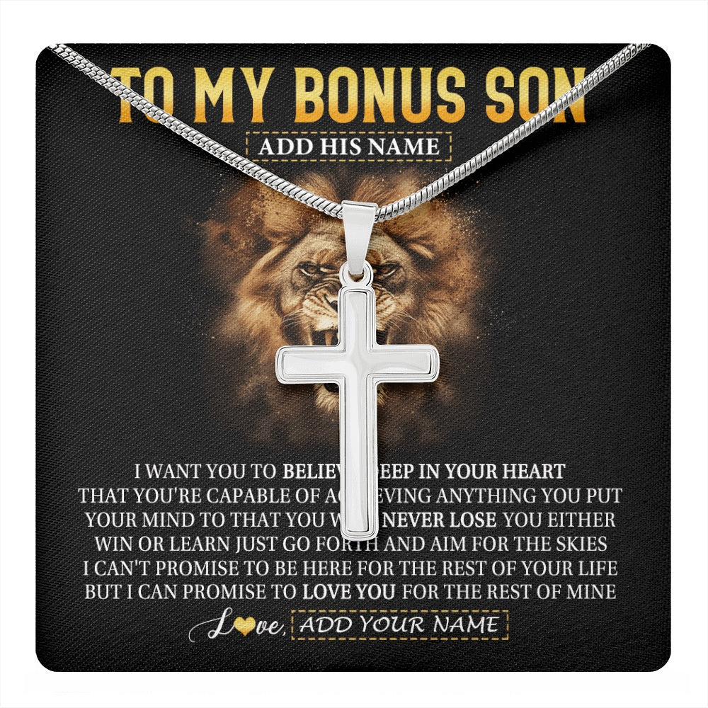 Stainless Cross Necklace Stainless Steel | 1 | Personalized To My Bonus Son Gifts Necklace From Stepdad Stepmom Believe In Your Heart Lion Stepson Birthday Gifts Graduation Christmas Gift Box Message Card | https://teecentury.
