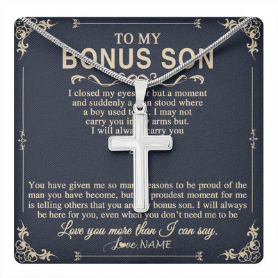 Stainless Cross Necklace Stainless Steel | 1 | Personalized To My Bonus Son Gifts Necklace From Stepdad Stepmom I Closed My Eyes Gift For Stepson Birthday Jewelry For Men Christmas Gift Box Message Card | teecentury