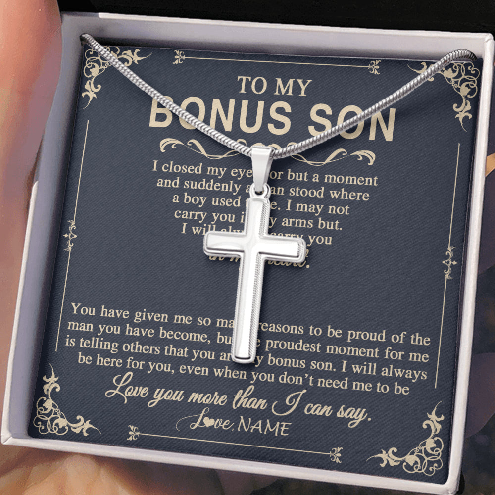 Stainless Cross Necklace Stainless Steel | 2 | Personalized To My Bonus Son Gifts Necklace From Stepdad Stepmom I Closed My Eyes Gift For Stepson Birthday Jewelry For Men Christmas Gift Box Message Card | teecentury