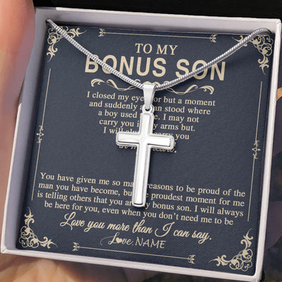 Stainless Cross Necklace Stainless Steel | 2 | Personalized To My Bonus Son Gifts Necklace From Stepdad Stepmom I Closed My Eyes Gift For Stepson Birthday Jewelry For Men Christmas Gift Box Message Card | teecentury