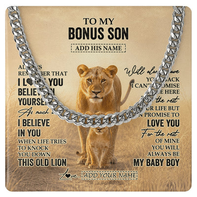 Cuban Link Chain Necklace Stainless Steel | 1 | Personalized To My Bonus Son Gifts Necklace From Stepmom Always Remember Lion Gifts For Stepson Birthday Graduation Christmas Custom Gift Box Message Card | https://teecentury.