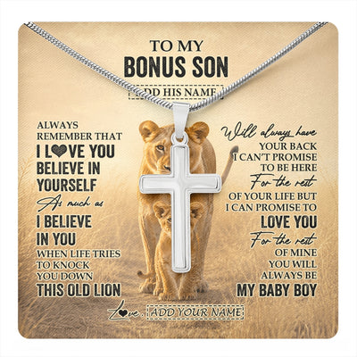 Stainless Cross Necklace Stainless Steel | 1 | Personalized To My Bonus Son Gifts Necklace From Stepmom Always Remember Lion Gifts For Stepson Birthday Graduation Christmas Custom Gift Box Message Card | https://teecentury.