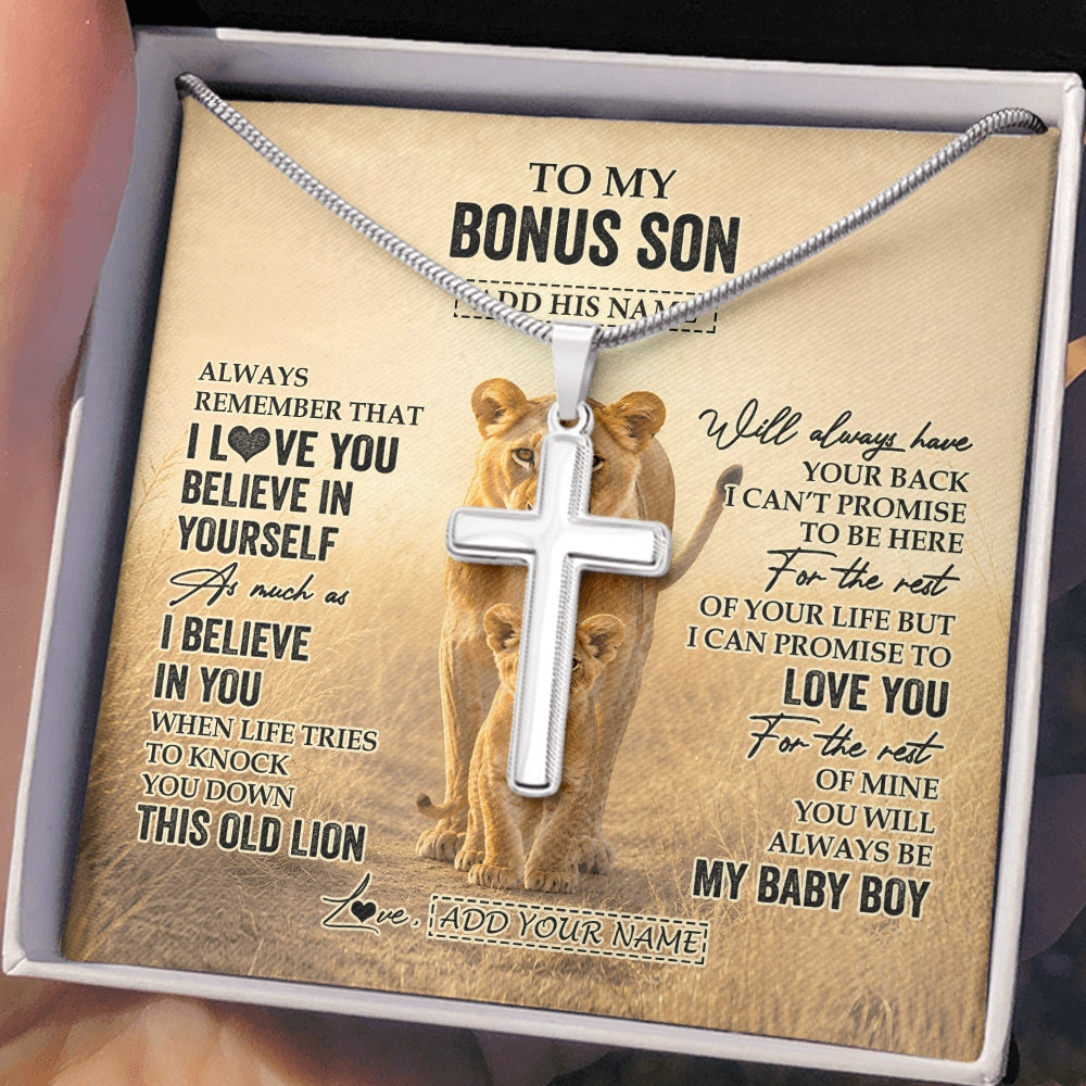 Stainless Cross Necklace Stainless Steel | 2 | Personalized To My Bonus Son Gifts Necklace From Stepmom Always Remember Lion Gifts For Stepson Birthday Graduation Christmas Custom Gift Box Message Card | https://teecentury.