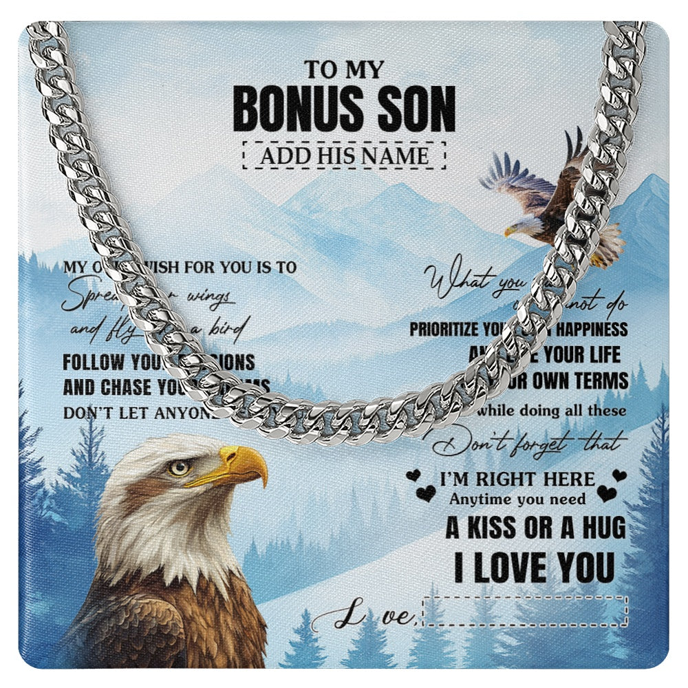 Cuban Link Chain Necklace Stainless Steel | 1 | Personalized To My Bonus Son Gifts Necklace From Stepmom Stepdad Eagle My Only Wish For You Stepson Birthday Gifts Graduation Christmas Gift Box Message Card | teecentury.myshopify