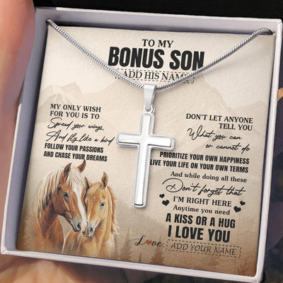 Stainless Cross Necklace Stainless Steel | 2 | Personalized To My Bonus Son Gifts Necklace From Stepmom Stepdad Horse My Only Wish For You Stepson Birthday Gifts Graduation Christmas Gift Box Message Card | https://teecentury.