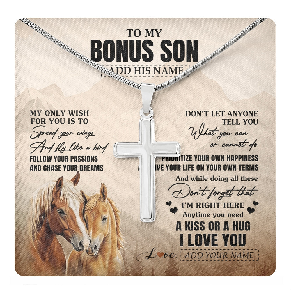 Stainless Cross Necklace Stainless Steel | 1 | Personalized To My Bonus Son Gifts Necklace From Stepmom Stepdad Horse My Only Wish For You Stepson Birthday Gifts Graduation Christmas Gift Box Message Card | https://teecentury.
