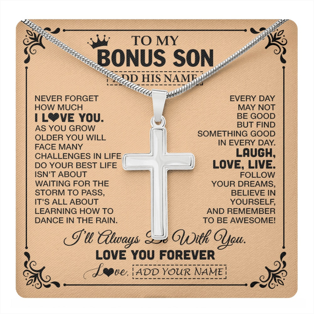 Stainless Cross Necklace Stainless Steel | 1 | Personalized To My Bonus Son Gifts Necklace From Stepmom Stepdad Never Forget How Much I Love You Stepson Birthday Gifts Christmas Gift Box Message Card | https://teecentury.