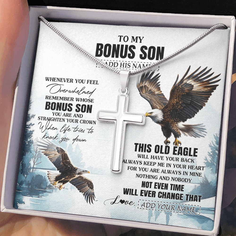Stainless Cross Necklace Stainless Steel | 2 | Personalized To My Bonus Son Gifts Necklace From Stepmom Stepdad Whenever Eagle Unique Birthday Gifts For Stepson Christmas Jewelry Gift Box Message Card | https://teecentury.