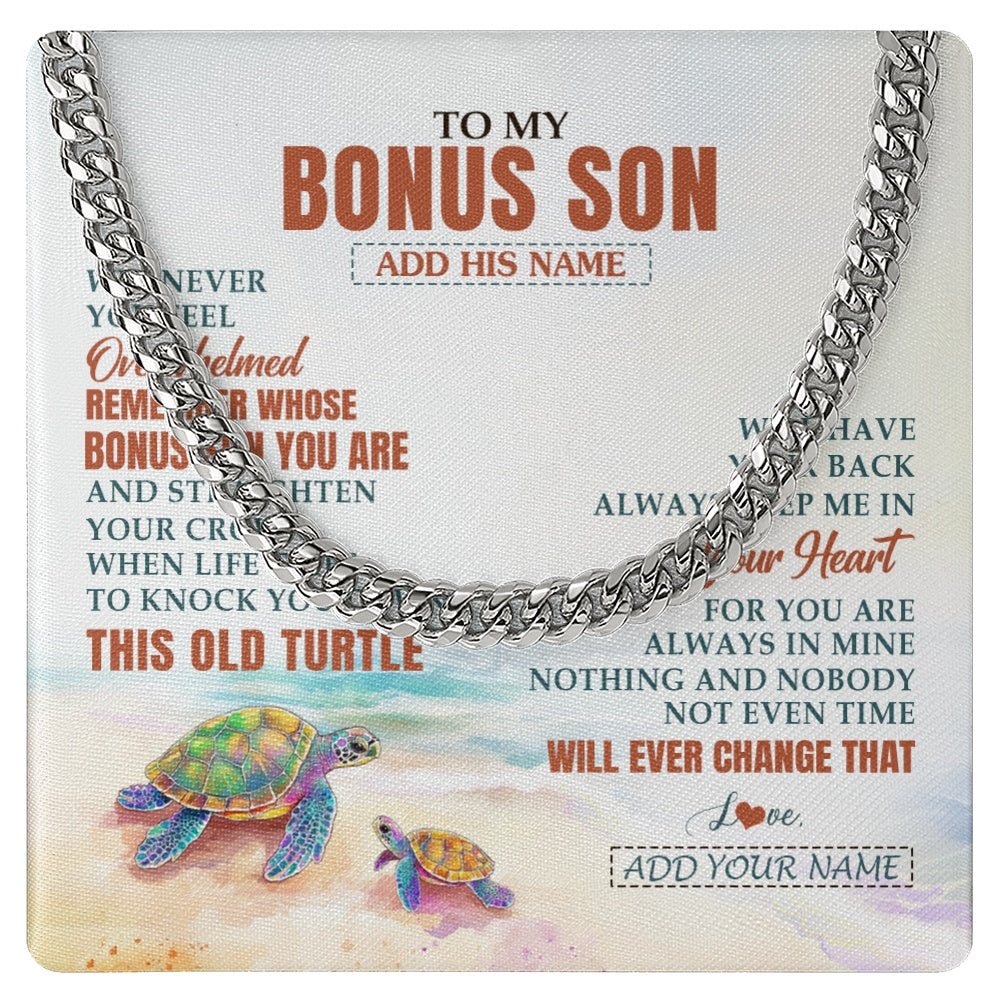 Cuban Link Chain Necklace Stainless Steel | 1 | Personalized To My Bonus Son Gifts Necklace From Stepmom Stepdad Whenever Turtle Unique Birthday Gifts For Stepson Christmas Custom Gift Box Message Card | https://teecentury.