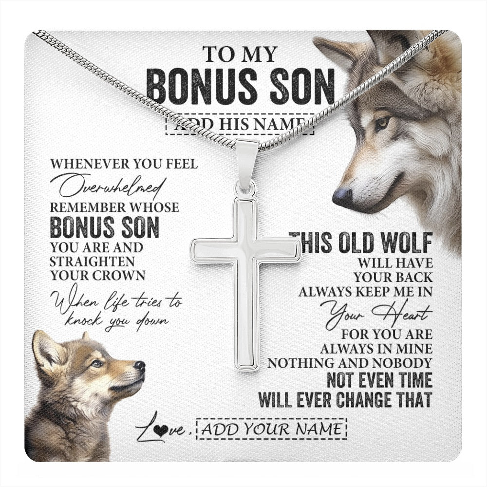 Stainless Cross Necklace Stainless Steel | 1 | Personalized To My Bonus Son Gifts Necklace From Stepmom Stepdad Whenever Wolf Unique Birthday For Stepson Graduation Christmas Custom Gift Box Message Card | https://teecentury.