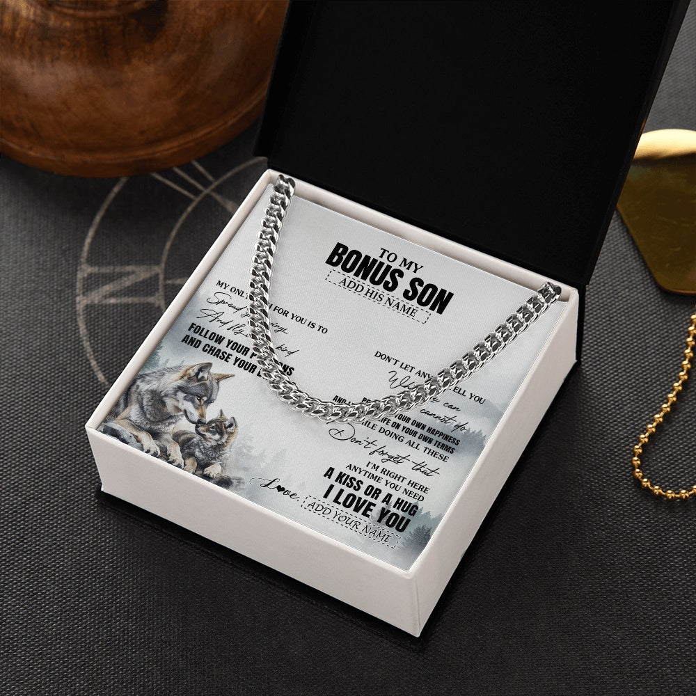 Cuban Link Chain Necklace Stainless Steel | 2 | Personalized To My Bonus Son Gifts Necklace From Stepmom Stepdad Wolf My Only Wish For You Stepson Birthday Gifts Graduation Christmas Gift Box Message Card | https://teecentury.