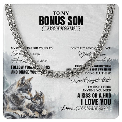 Cuban Link Chain Necklace Stainless Steel | 1 | Personalized To My Bonus Son Gifts Necklace From Stepmom Stepdad Wolf My Only Wish For You Stepson Birthday Gifts Graduation Christmas Gift Box Message Card | https://teecentury.