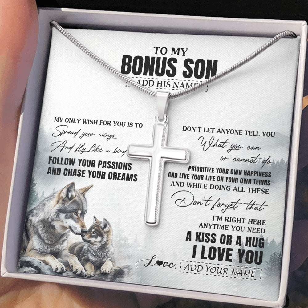Stainless Cross Necklace Stainless Steel | 2 | Personalized To My Bonus Son Gifts Necklace From Stepmom Stepdad Wolf My Only Wish For You Stepson Birthday Gifts Graduation Christmas Gift Box Message Card | https://teecentury.