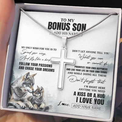 Stainless Cross Necklace Stainless Steel | 2 | Personalized To My Bonus Son Gifts Necklace From Stepmom Stepdad Wolf My Only Wish For You Stepson Birthday Gifts Graduation Christmas Gift Box Message Card | https://teecentury.