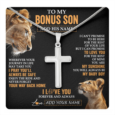 Stainless Cross Necklace Stainless Steel | 1 | Personalized To My Bonus Son Gifts Necklace From Stepmom Wherever Your Journey In Life Lion StepSon Birthday Gifts Christmas Custom Gift Box Message Card | https://teecentury.
