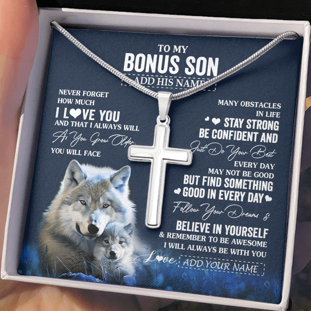 Stainless Cross Necklace Stainless Steel | 2 | Personalized To My Bonus Son I Love You Forever Necklace From Step Mom Bonus Dad Wolf Stepson Birthday Gifts Graduation Christmas Custom Gift Box Message Card | teecentury.myshopify